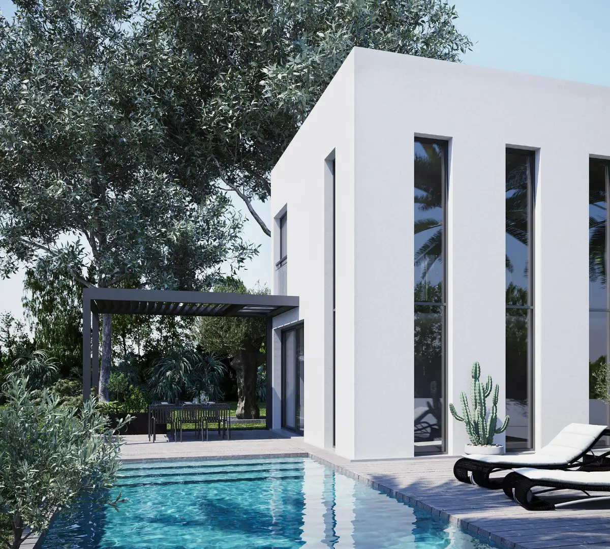 Pergola grise anthracite sur une maison moderne à toit plat